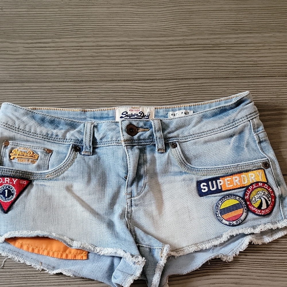 Superdry Blue Jean Shorts with Frayed Hem and Patches